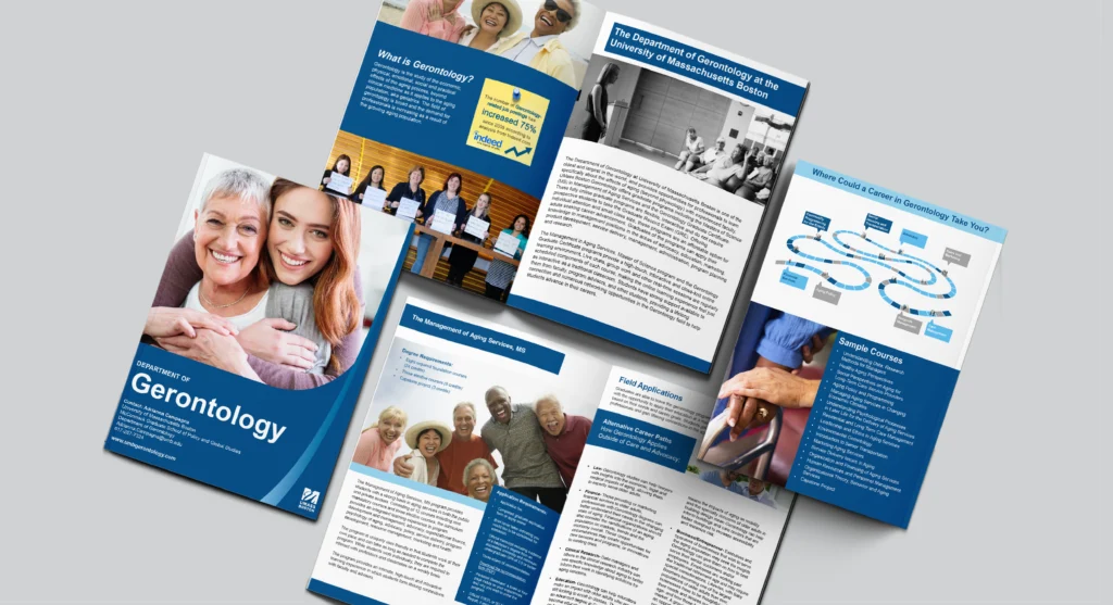 Photo compilation of multiple ads for Umass Boston Gerontology Program