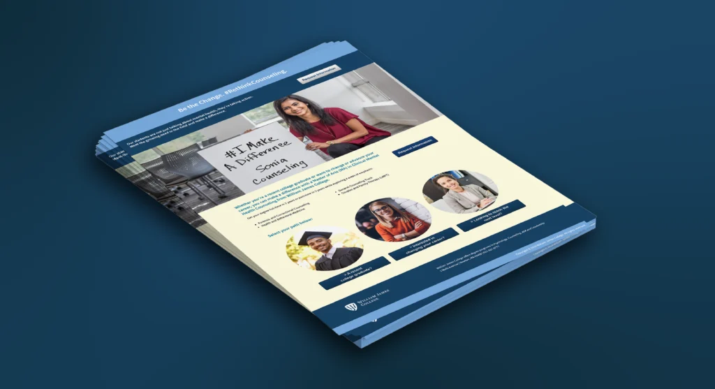 Photo of flat newsletter with counseling information at William James College