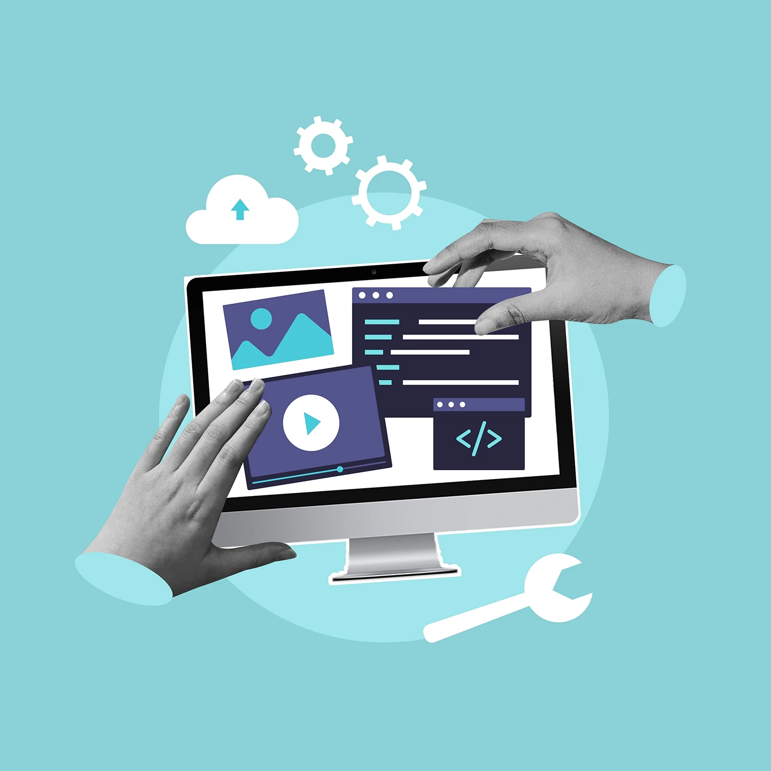 Clip-art photo of two hands touching computer with media