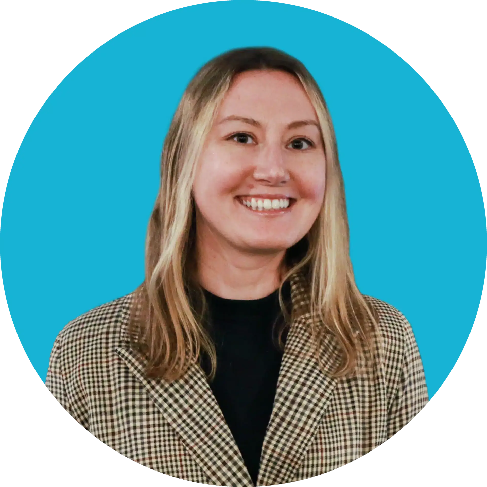 Portrait of a woman with medium blonde hair wearing a neutral color blazer, smiling against a teal circular background.